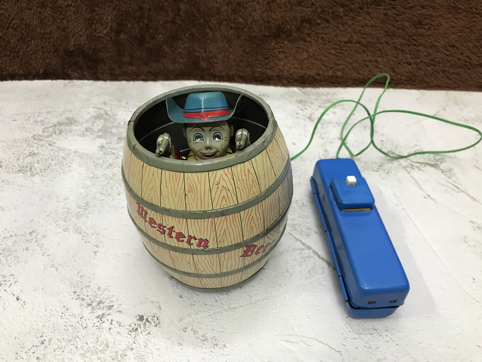 50s Cowboy in Barrel Vintage Tin Toy