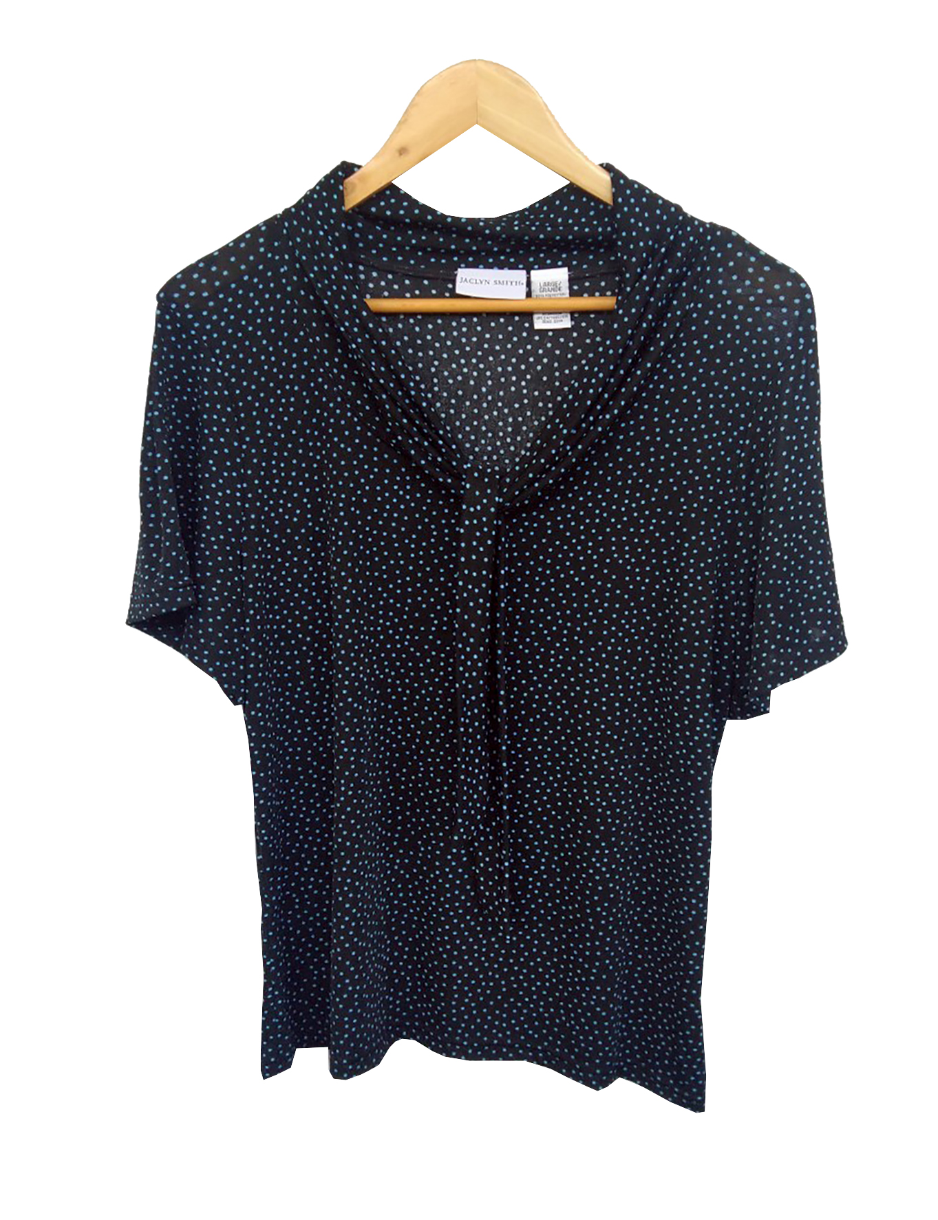 เสื้อมือสอง คอปกผูกได้ ผ้ายืดเด้งสีดำ ลายจุดเล็กสีฟ้า แขนสั้น อก 40-42 นิ้ว