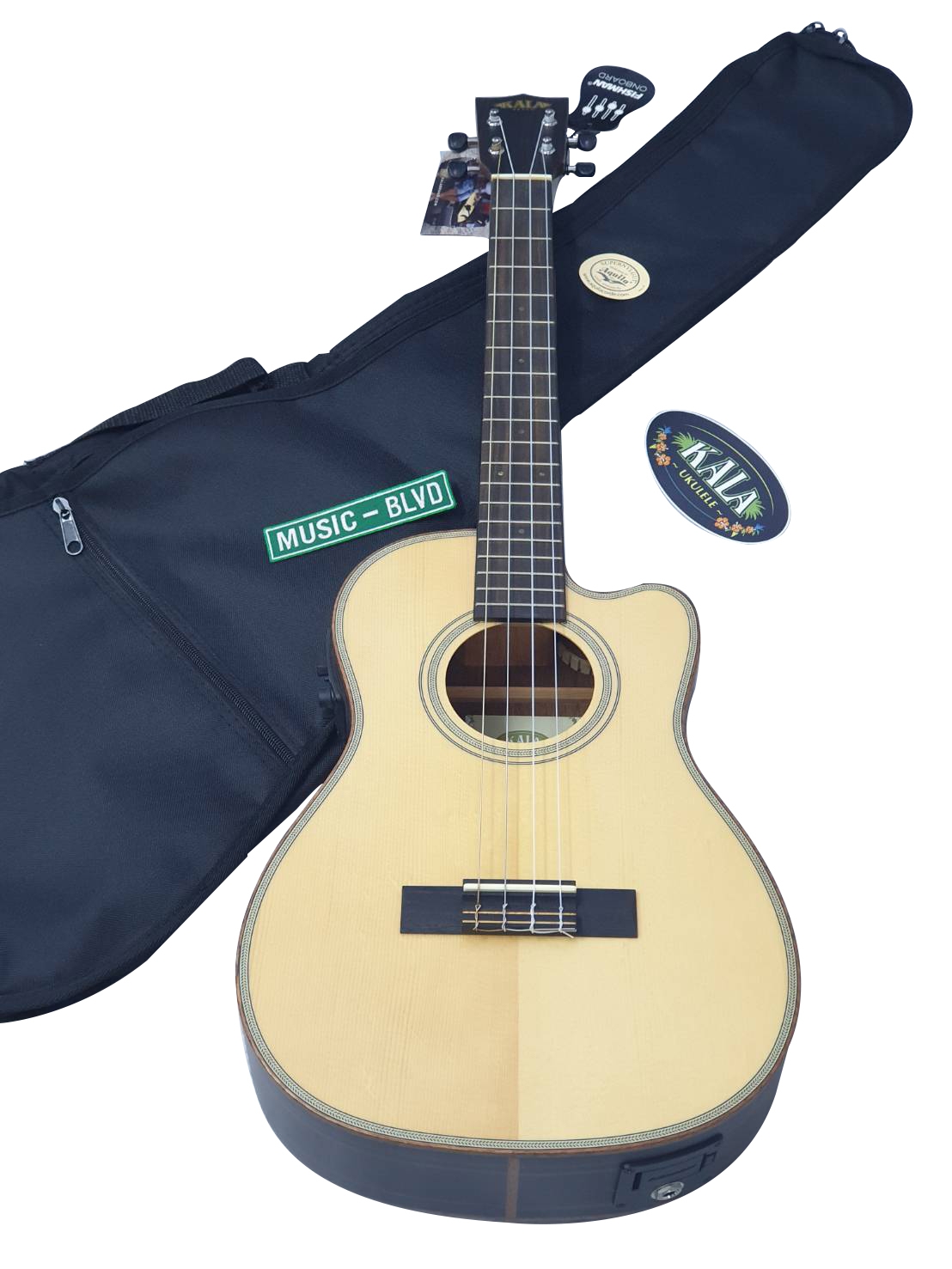 Kala KA-SSEBY-B-CE Solid Spruce Top Striped Ebony Baritone Ukulele Cutaway wEQ Eclipse