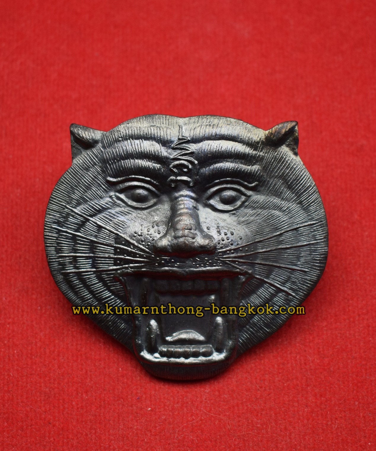 เหรียญหน้าเสือ วัดบางพระ (หลวงพ่อเปิ่น) จ.นครปฐม พิมพ์ใหญ่จัมโบ้ เนื้อทองแดงรมดำ ขนาด สูง 4.9ซม. กว้าง 5.2ซม. พิธีไหว้ครู ปี2549