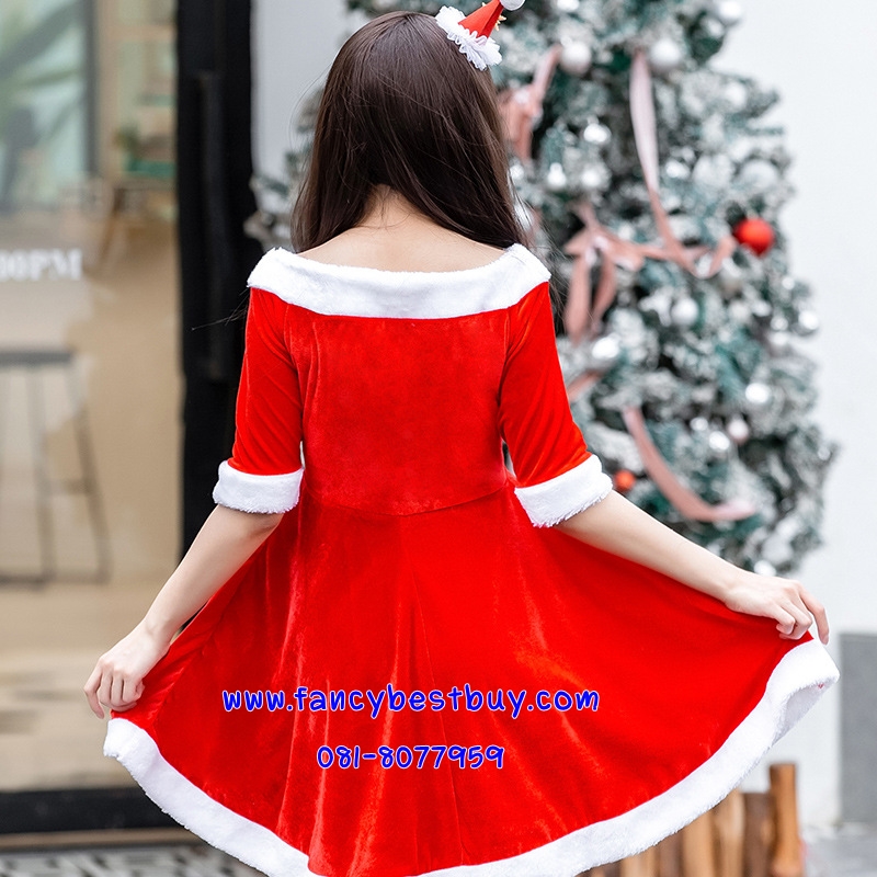 ชุดแซนตึ้ ชุดกระโปรงคริสมาส สีแดง Santy Costume ขนาดฟรีไซด์ มีหมวกและเขากวางให้