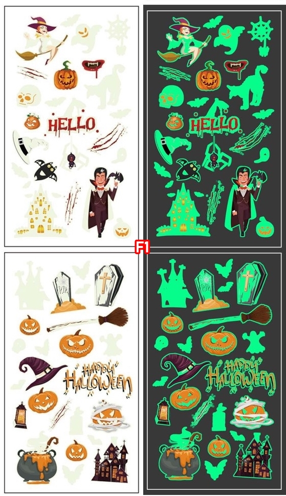 สติกเกอร์ฮาโลวีนรุ่นเรืองแสง GLOWING รอยสักการ์ตูนเด็กใหม่ฮาโลวีน กันน้ำกันเหงื่อ สติกเกอร์รอยสักแบบใช้แล้วทิ้ง แบบ F size 6.8*12 cm.