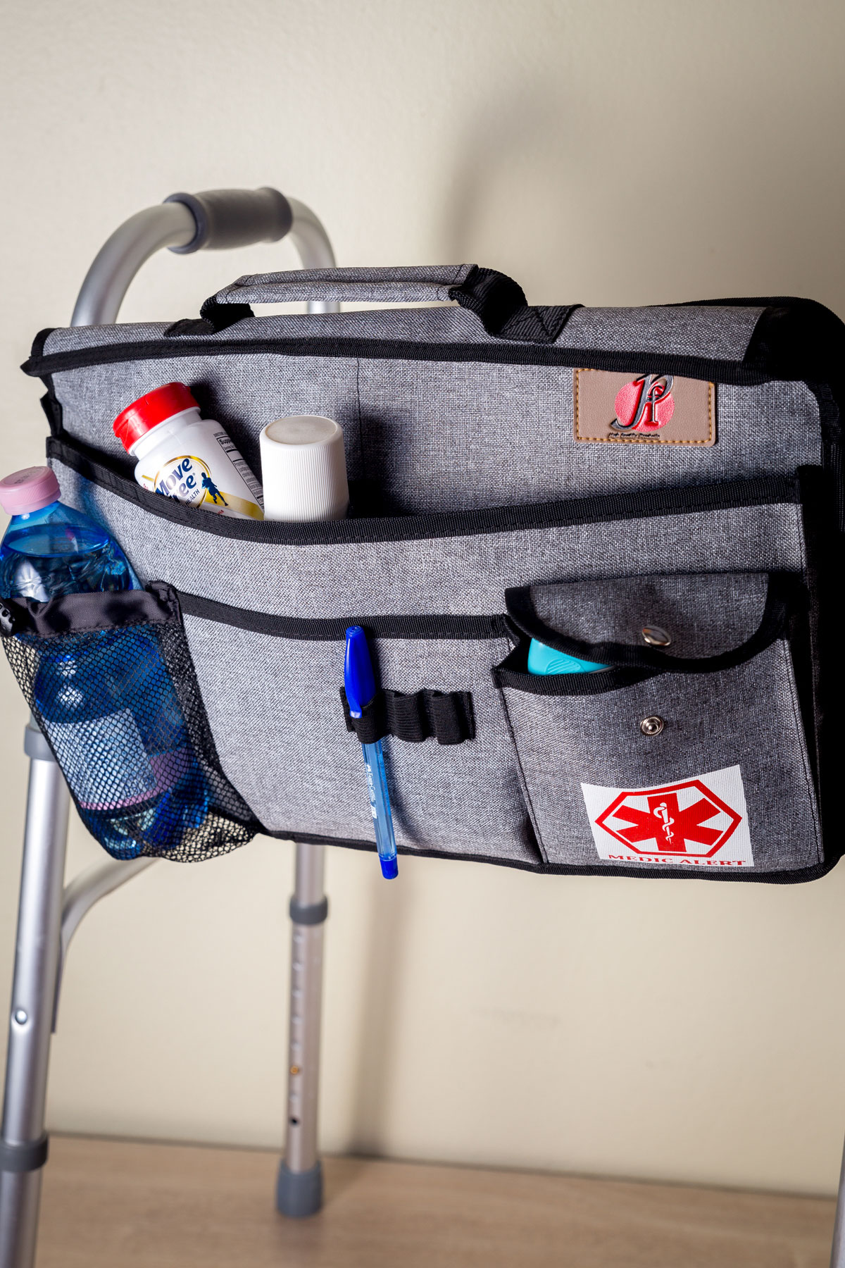 Walker Bag(Double-Sided) with Cup Holder for Walker by P&F | Deluxe Walker Accessories | Attachments Pouch for Rollator or Folding Walker (Gray)