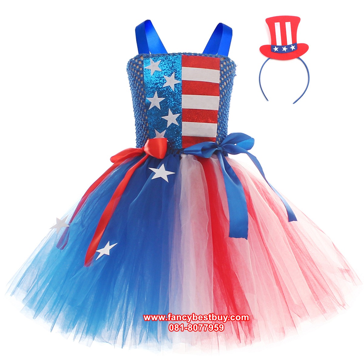 ชุดประจำชาติอเมริกา ผ้าซีฟอง พร้อมที่ประดับผม ขนาด L 110-120, XL 120-140