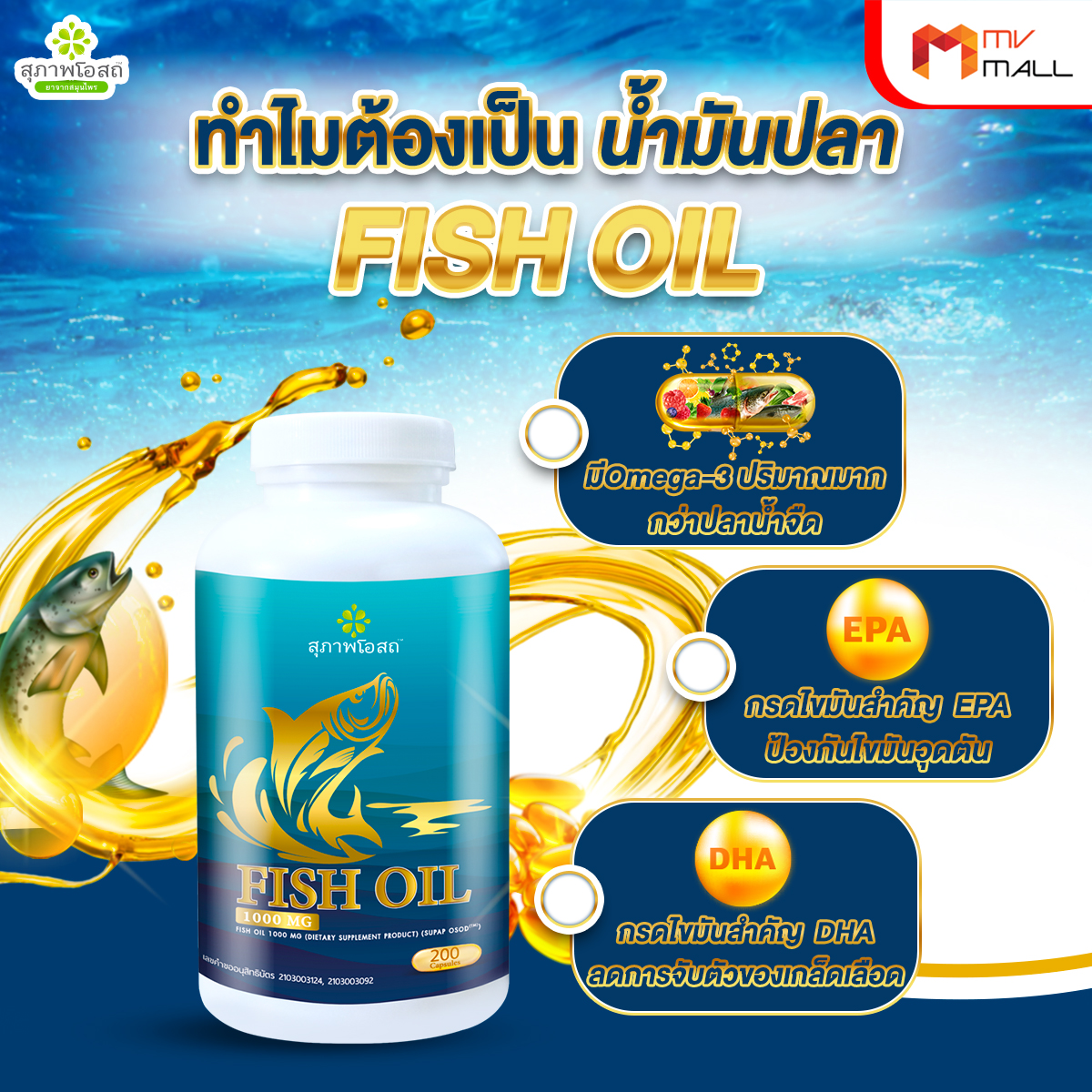 สุภาพโอสถ น้ำมันปลา (Fish Oil) ช่วยบำรุงสมอง 2 กระปุก แถมฟรี กระเป๋า 1 ใบ
