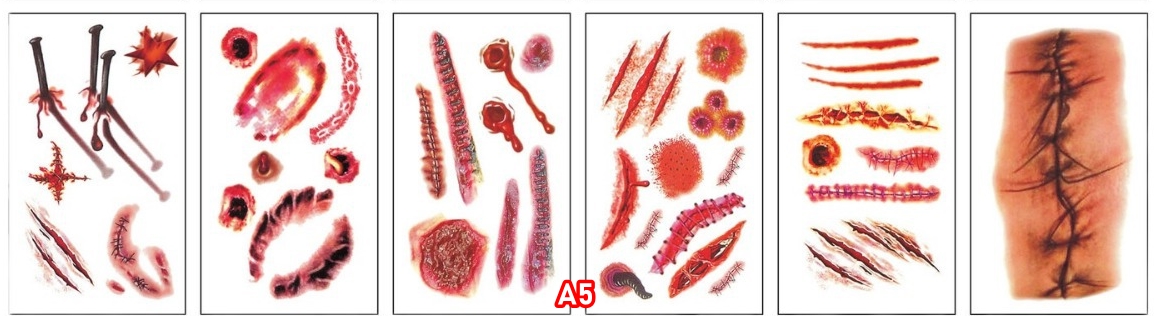 สติกเกอร์ฮาโลวีน รอยแผลฮาโลวีน กันน้ำกันเหงื่อ สติกเกอร์รอยสักแบบใช้แล้วทิ้ง แบบ A size 5.7*9.7 cm.