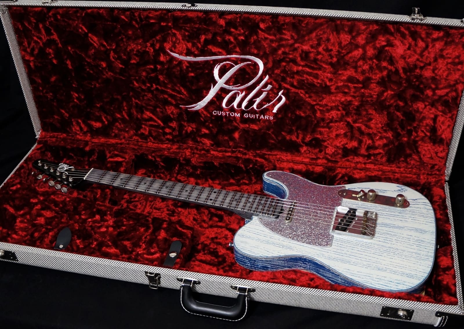 Palir Guitars Mojo Titan in Pelham Blue & White with Silver Sparkle Binding