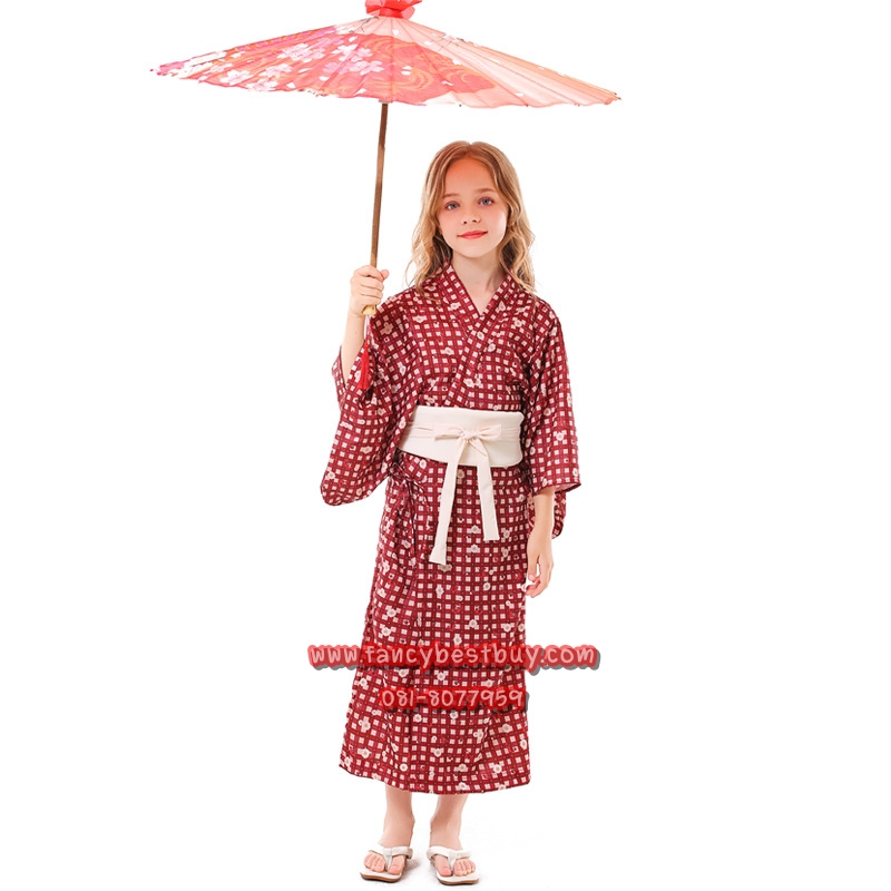 ชุดประจำชาติญี่ปุ่น ชุดกิโมโนเด็กหญิง สีแดง ขนาด M 115-125, L 125-140