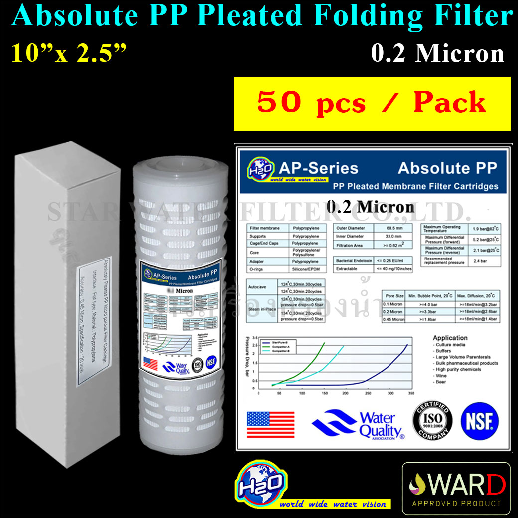 ไส้กรองน้ำ Absolute PP Pleated 10 นิ้ว x 2.5 นิ้ว 0.2 Micron (Sediment) H2O ยกลัง 50 pcs.