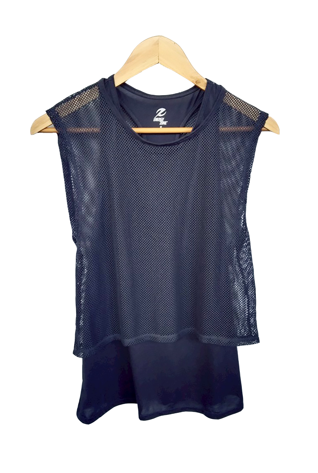 เสื้อมือสอง กล้ามผ้ายืดสีเทา ตัวนอกเป็นผ้าตาข่าย อก 30-32 นิ้ว