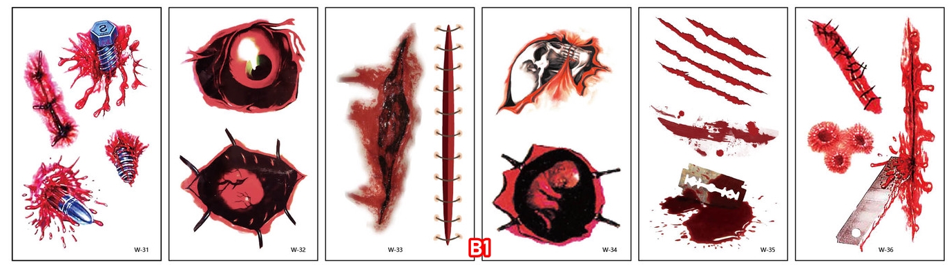 สติกเกอร์ฮาโลวีน รอยแผลฮาโลวีน กันน้ำกันเหงื่อ สติกเกอร์รอยสักแบบใช้แล้วทิ้ง แบบ B size 5.7*9.7 cm.