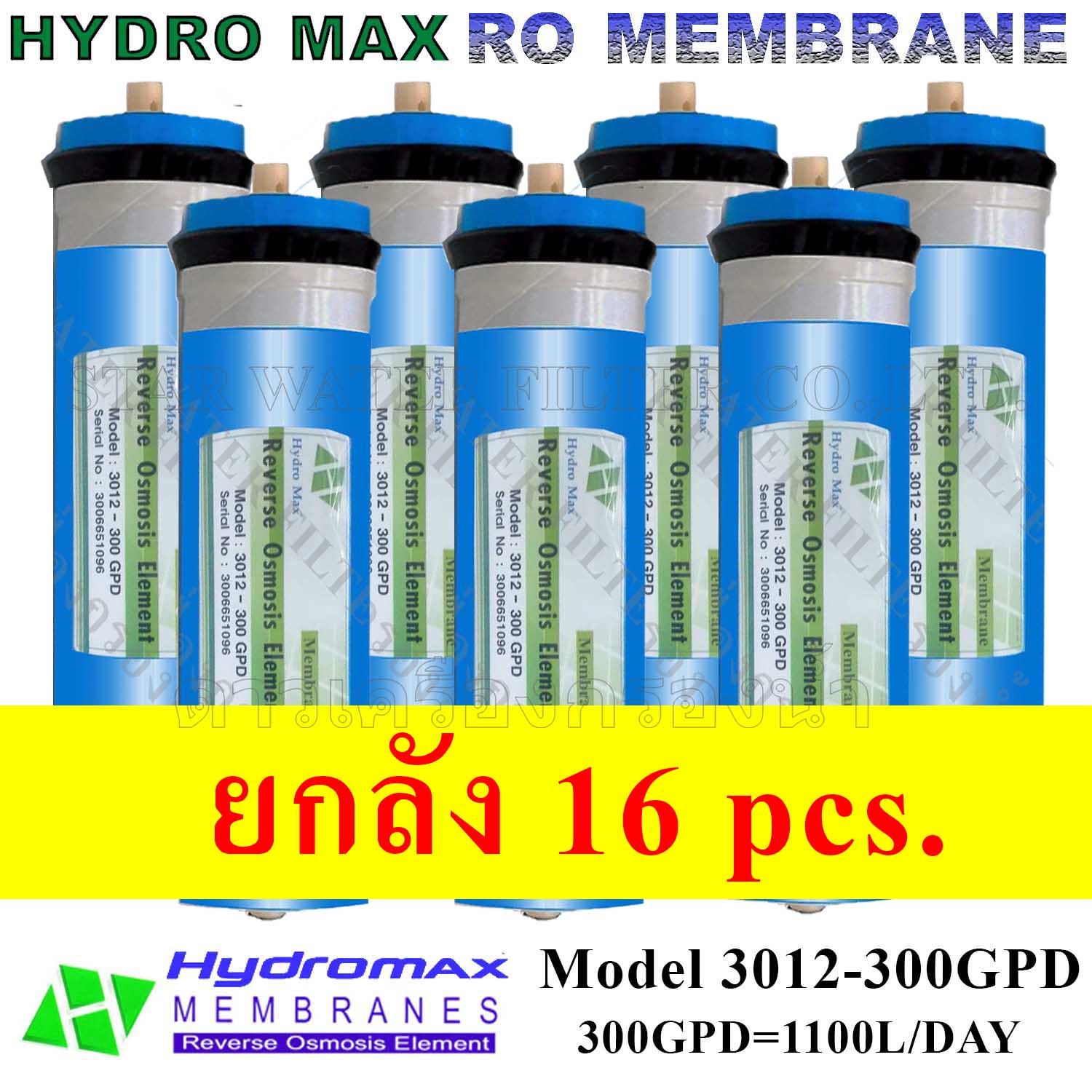 ไส้กรองน้ำ RO Membrane 3012-300 GPD Hydromax ยกลัง 16 pcs.