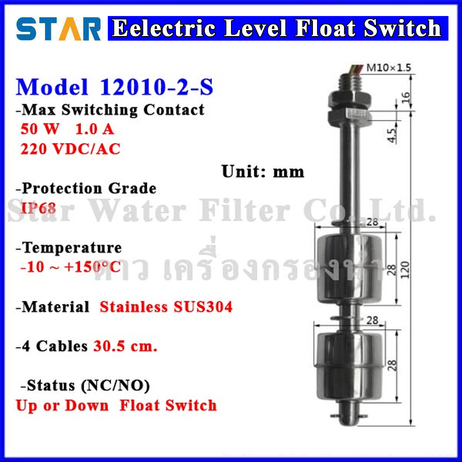 สวิทช์ควบคุมระดับน้ำ 2 Level Vertical Stainless Float Switch (NC/NO) 4Wire,ลึก 120 mm, เกลียว M10