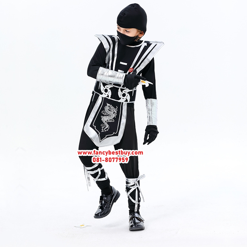 ชุดนินจา BLACK-SILVER NINJA + อาวุธนินจา มีขนาด S 100-110, L 120-130, XL 130-140