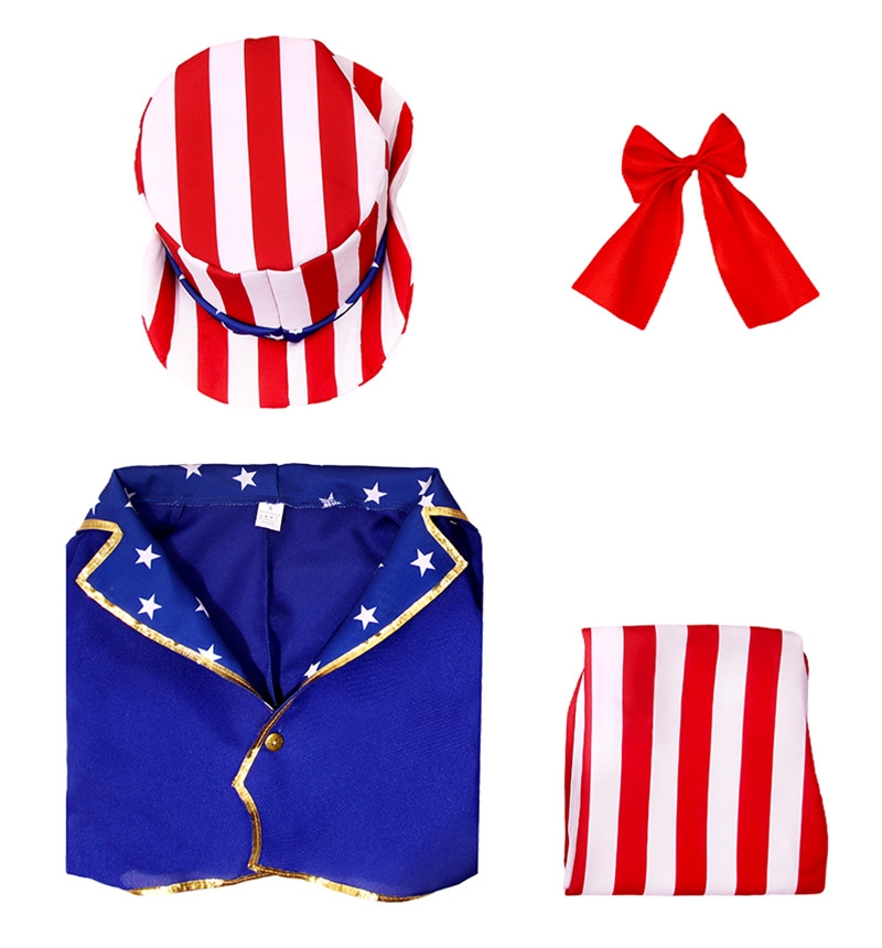 ชุดประจำชาติอเมริกา ชุด Indepence Day ขนาด S105-115, M 115-125, L 125-135, XL 135-145 เสื้อสูท+กางเกง+หมวก+ผ้าพันคอ+โบว์ (ไม่รวมเสื้อเชิ๊ตสีขาว+วิก+ธงชาติ)