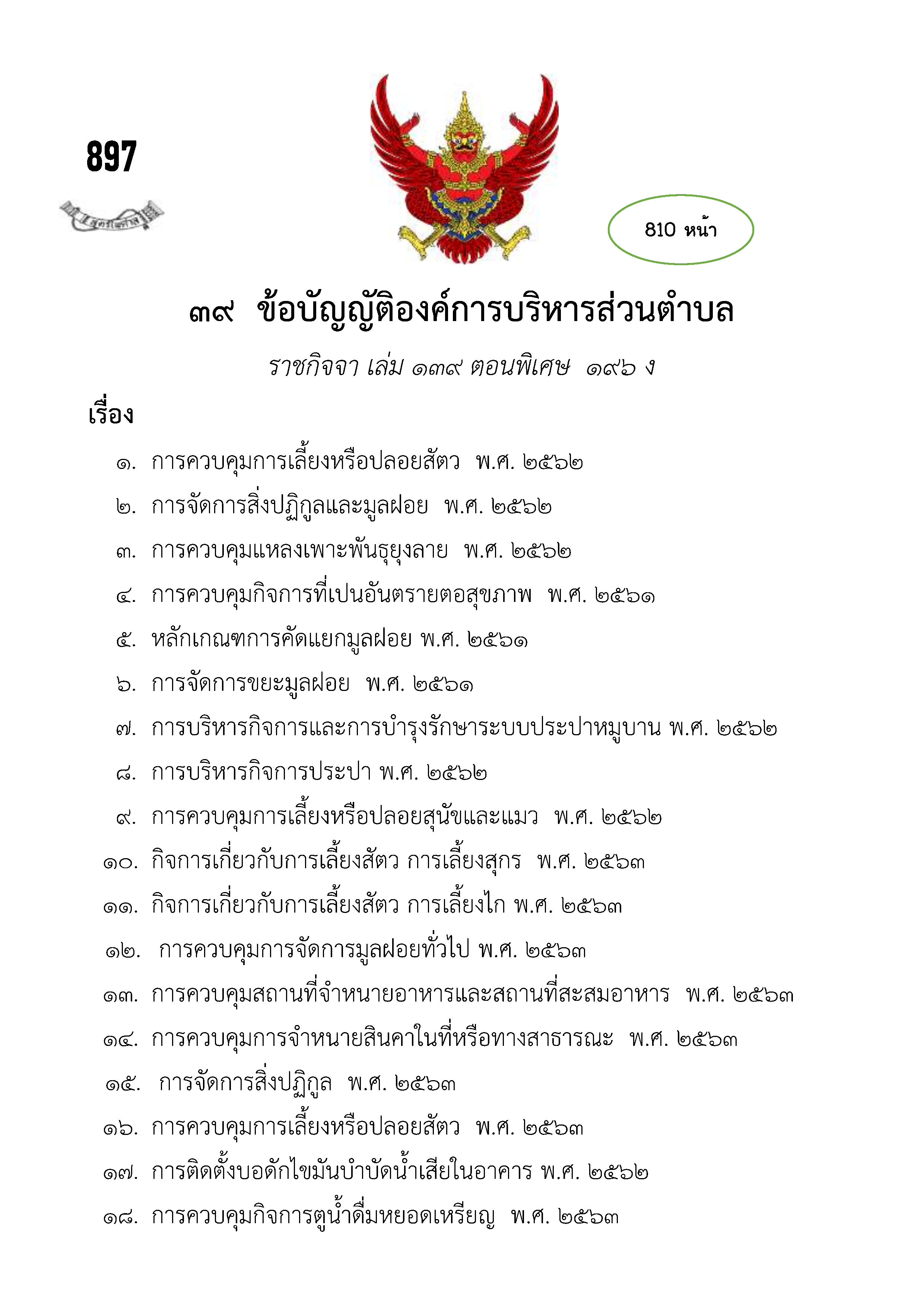 ข้อบัญญัติองค์การบริหารส่วนตำบล (ตามราชกิจจา 139 ตอนพิเศษ 196 ง)