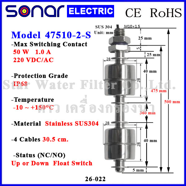ถังน้ำ, ถังเคมี PE 100 ลิตร พร้อมลูกลอย SS304 และเครื่องควบคุมปั๊ม 220 VAC 2200W (รวมค่าขนส่ง)