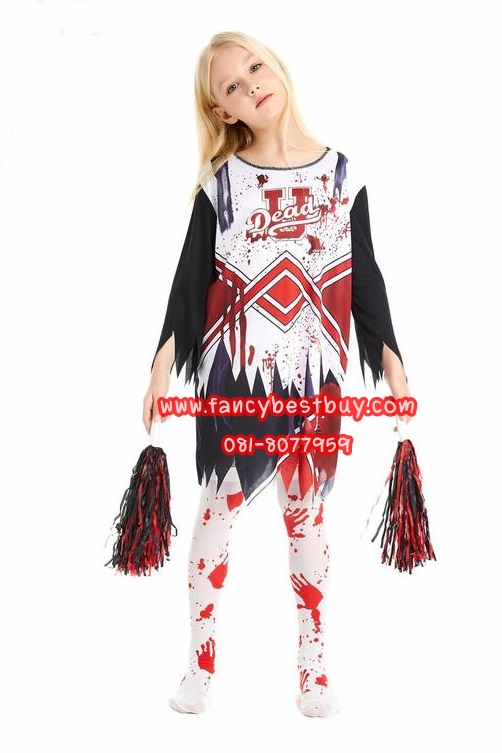 ชุดฮาโลวีนเด็กหญิง ชุดเชียร์ลีดเดอร์เลือด ชุดซอมปี้ สำหรับวันฮาโลวีน Blood Cheer leader Nurse แบบที่ 1 มีขนาด S 110-120 (แถมพู่เชียร์และถุงน่องลายเลือด)