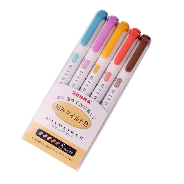 ปากกาไฮไลท์ 2 หัว Mildliner ( เซ็ท 5 สี ) Set C / Cyan,Apricot,D-gray,Lemon,Coral Pink