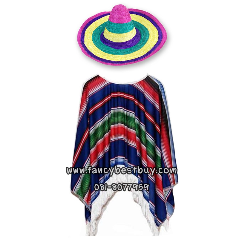 ชุดแฟนซีเด็ก ชุดประจำชาติเม็กซิโก Mexico ขนาดฟรีไซด์ สำหรับ 110-140 ซม. มี 2 สี *สีฟ้า และ สีเขียว* (ผ้าคลุม+หมวก) **ผ้าคลุมตอนใส่จากไหล่ถึงปลาย 70 ซม /หมวก กว้าง 53/รอบศรีษะ60/สูง 20 ซม