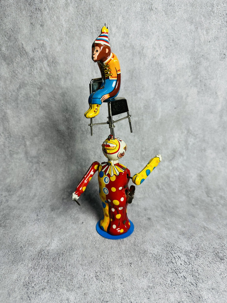50s TPS Clown Juggler with Monkey Mechanical Tin Toy