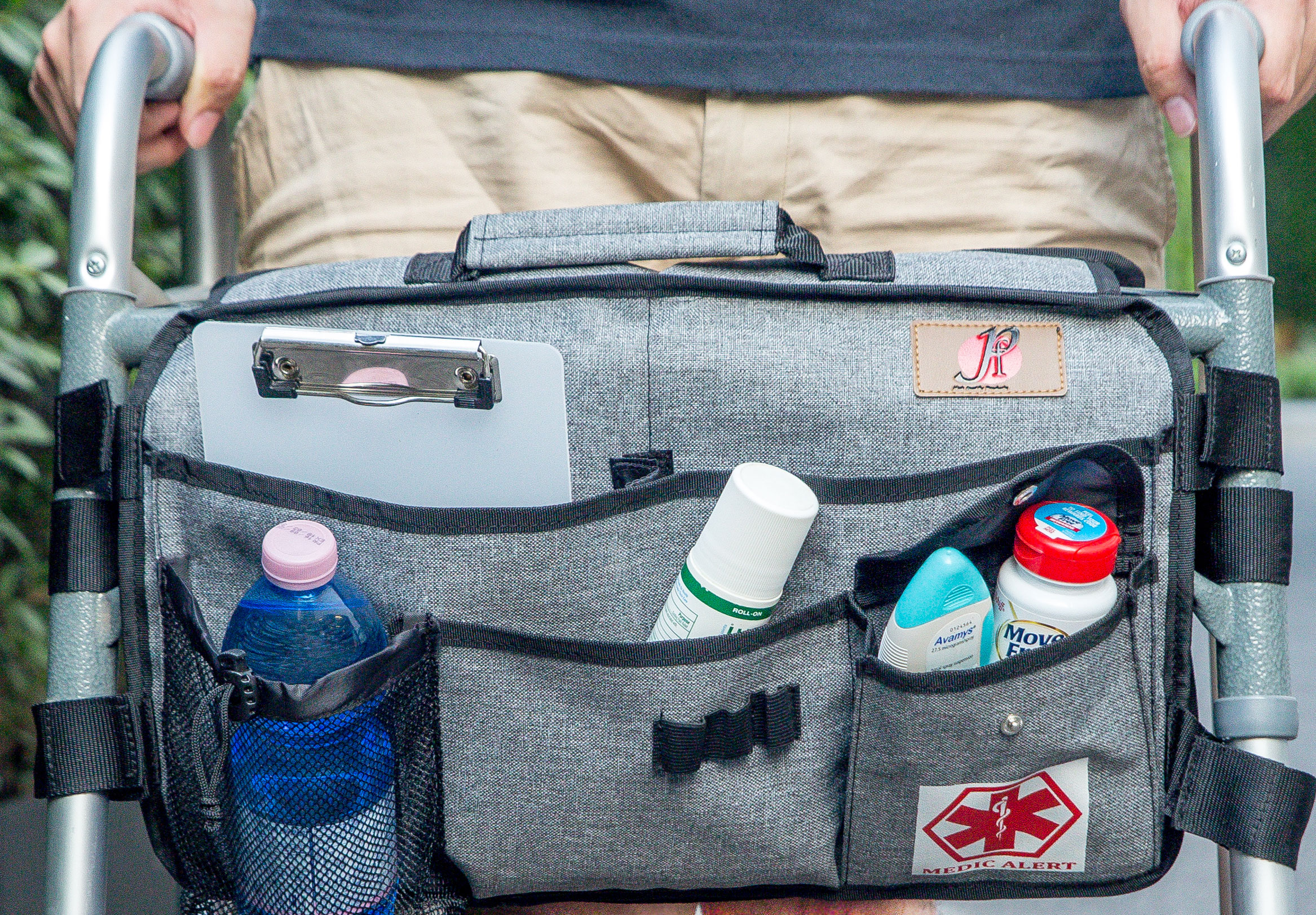 Walker Bag(Double-Sided) with Cup Holder for Walker by P&F | Deluxe Walker Accessories | Attachments Pouch for Rollator or Folding Walker (Gray)