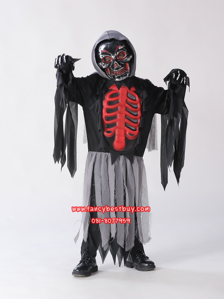 ชุดฮาโลวีน ชุดโครงกระดูก ชุดยมทูต ชุดแฟนซีเด็ก สำหรับวันฮาโลวีน Skeleton มีขนาด 110, 120, 130, 140, 150 (ชุด+หน้ากาก *ไม้เคียวซื้อเพิ่มได้*)