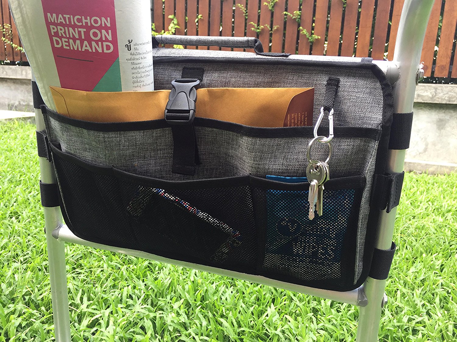 Walker Bag(Double-Sided) with Cup Holder for Walker by P&F | Deluxe Walker Accessories | Attachments Pouch for Rollator or Folding Walker (Gray)