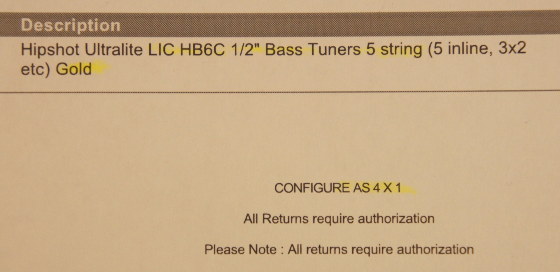 Hipshot Ultralite LIC HB6C 1/2 inch. Bass Tuners 5 string (5 inline, 3x2 etc) Gold