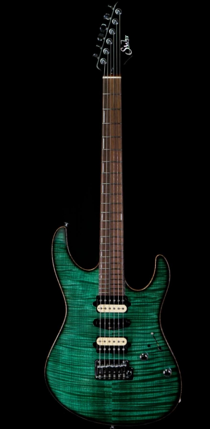 SUHR CUSTOM MODERN SET NECK HSH FLAME MAPLE TOP INDIAN ROSEWOOD FINGERBOARD TRANS TEAL W/ BLOWER SWITCH