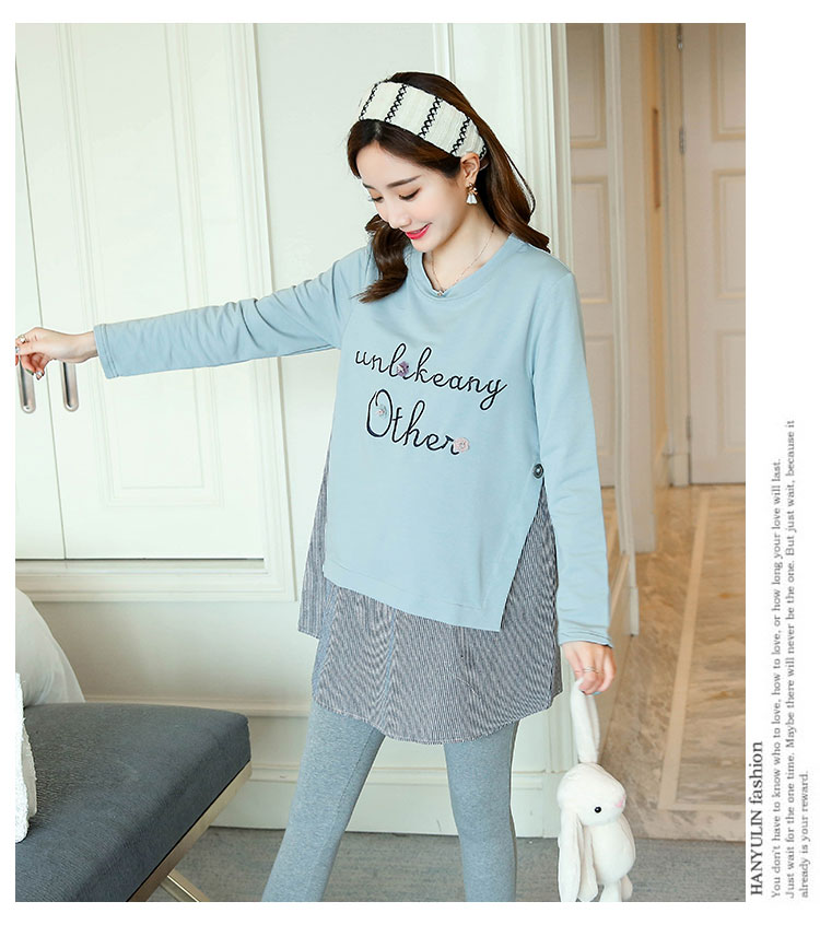 เสื้อยืดคลุมท้องแขนยาวสีเทาอมฟ้า เย็บต่อชายเสื้อลายขาวกรม ผ้าดี งานสวย ใส่บาย น่ารักมากๆค่ะ