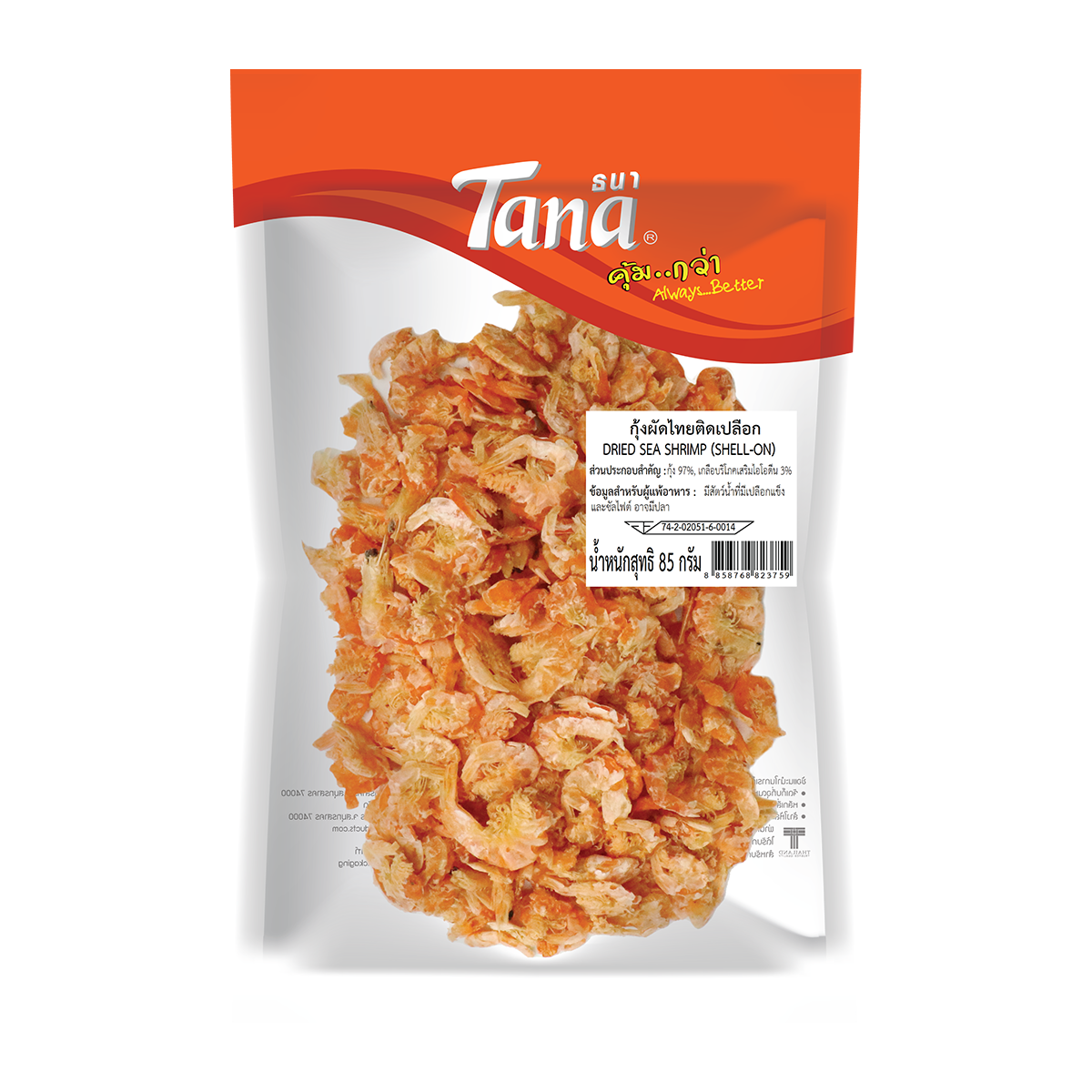 Tana ธนา คุ้มกว่า กุ้งผัดไทยติดเปลือก 85 กรัม Dried Sea Shrimp (Shell-on)