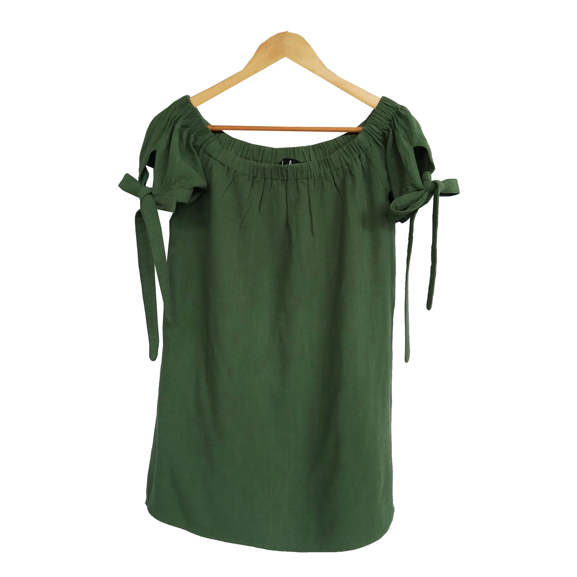 เสื้อมือสอง สีเขียว ผ้าธรรมชาติ คอรูด แขนผูกโบว์ อก 36-38 นิ้ว