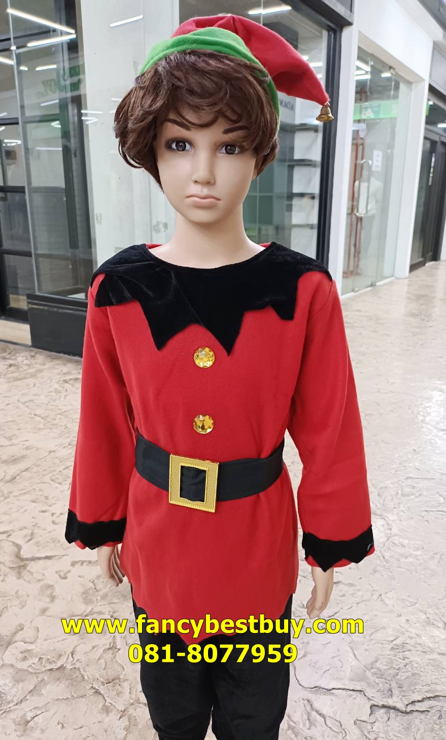 ชุดเอลฟ์ ชุด ELF คริสมาส Christmas Elf Boy สำหรับ เทศกาลคริสมาส ขนาด 100, 110 (ชุดรุ่นนี้เป็นดำแดง รองเท้าดำ ยกเว้นหมวกเขียวแดง) )