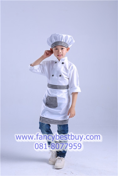 ชุดพ่อครัว ชุดแม่ครัว ชุดเชฟ ชุดChef แขนยาวสีขาว ใช้งานได้จริง ใช้ได้ทั้งเด็กชายและเด็กหญิง (เสื้อสีขาว+หมวก+ผ้ากันเปื้อน ) มีขนาดสำหรับ 90-160 ซม.