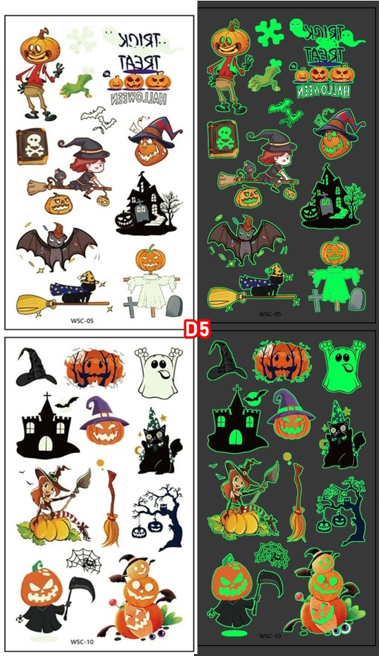 สติกเกอร์ฮาโลวีนรุ่นเรืองแสง GLOWING รอยสักการ์ตูนเด็กใหม่ฮาโลวีน กันน้ำกันเหงื่อ สติกเกอร์รอยสักแบบใช้แล้วทิ้ง แบบ C size 6.8*12 cm.