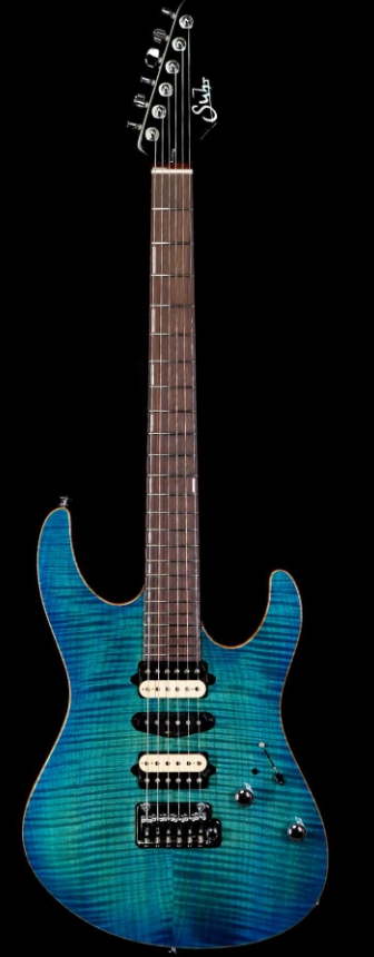 SUHR CUSTOM MODERN SET NECK HSH FLAME MAPLE TOP INDIAN ROSEWOOD FINGERBOARD WITH BLOWER SWITCH BAHAMA BLUE