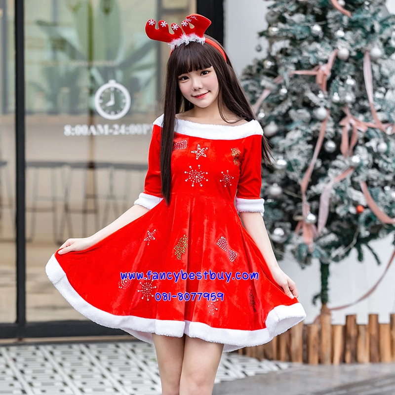 ชุดแซนตึ้ ชุดกระโปรงคริสมาส สีแดง Santy Costume ขนาดฟรีไซด์ มีหมวกและเขากวางให้