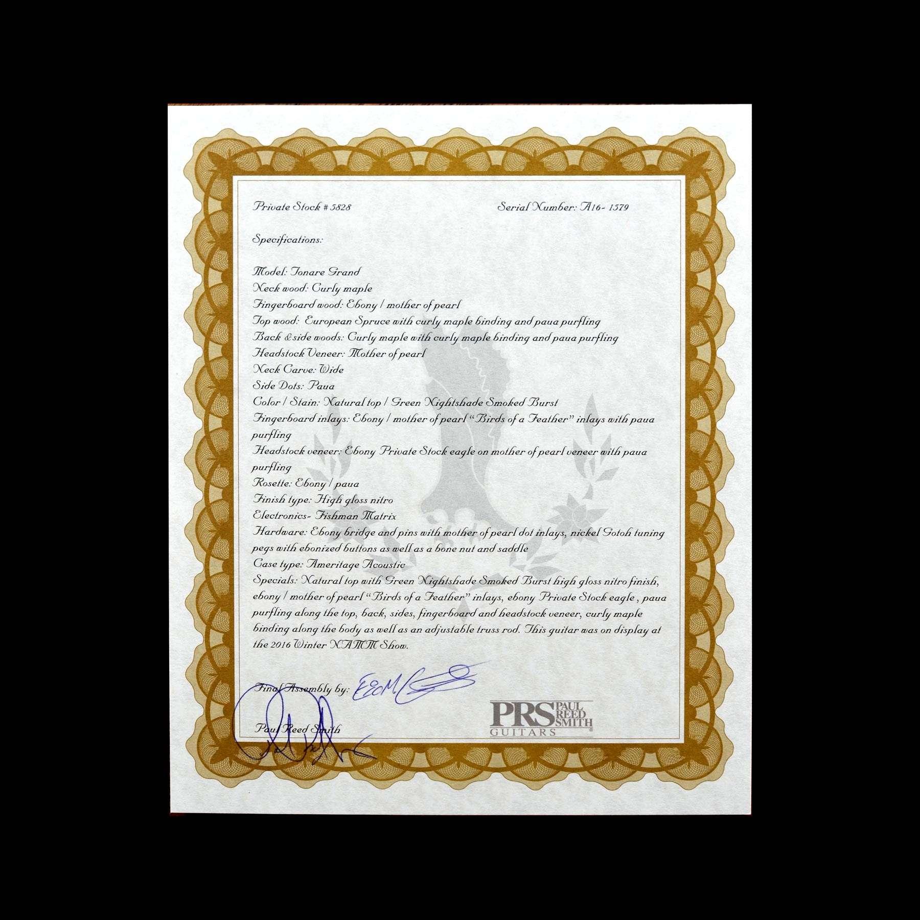 PRS Private Stock Acoustic Tonare Grand Green Nightshade Smoked Burst Maple