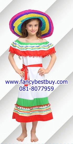 ชุดแฟนซีเด็กหญิง ชุดประจำชาติเม็กซิโก Mexico + หมวก ขนาด M, L
