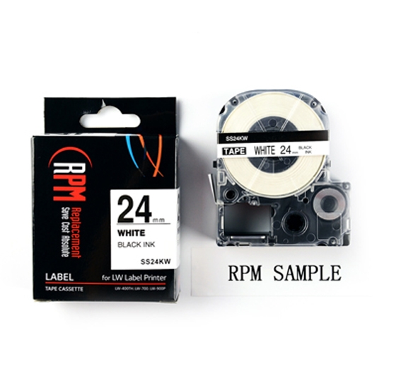 เทปพิมพ์อักษร 24มม. อักษรดำพื้นขาว RPM SS24KW (แบบเทียบเท่า)