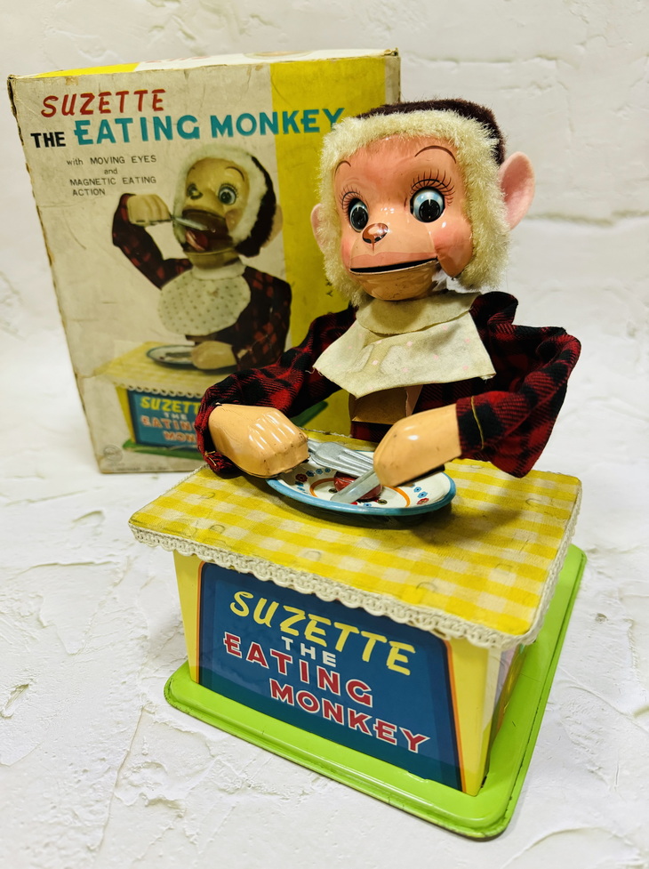 50s Linemar Suzette the Eating Monkey Battery Tin Toy
