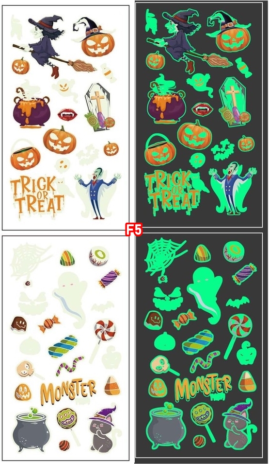 สติกเกอร์ฮาโลวีนรุ่นเรืองแสง GLOWING รอยสักการ์ตูนเด็กใหม่ฮาโลวีน กันน้ำกันเหงื่อ สติกเกอร์รอยสักแบบใช้แล้วทิ้ง แบบ F size 6.8*12 cm.