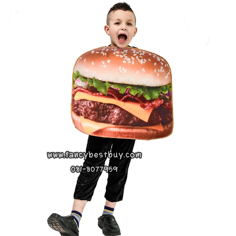ชุดแฟนซีอาหาร ชุดแฮมเบอร์เกอร์ ชุดแฟนซีเด็ก Hamburger Costume เป็นชุดแฟนซีเด็กหรือชุดมาสคอต สำหรับการแสดง ใช้ได้ทั้งเด็กชายหญิง สำหรับเด็ก 110-140 ซม.