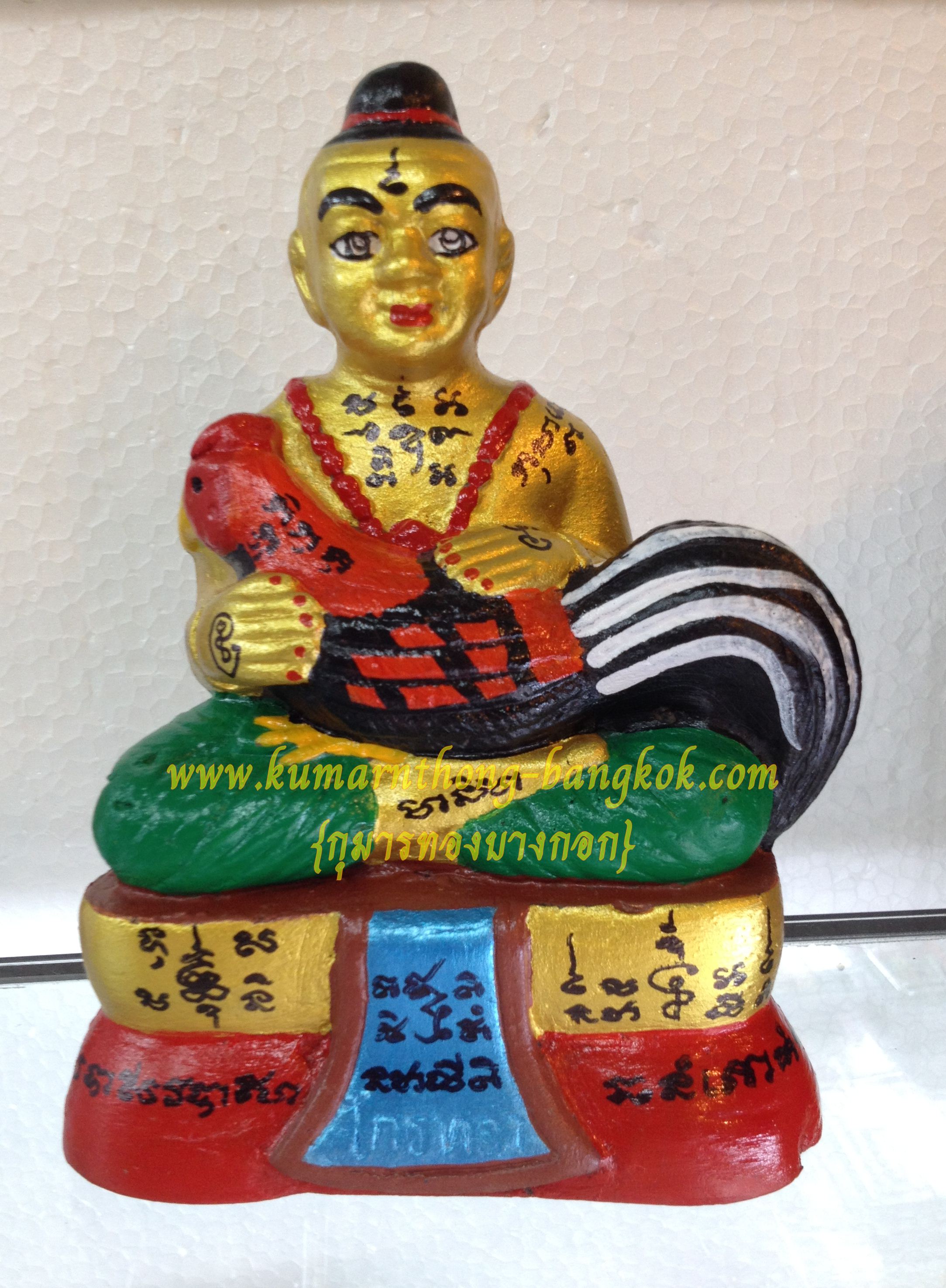 กุมารไกรทองอุ้มไก่ ขนาดบูชา 6.5 นิ้ว เนื้อดินเผาเพ้นท์สีฝังสีผึ้ง หลวงปู่แย้ม วัดสามง่าม จ.นครปฐม (รุ่นสร้างอุโบสถวัดเขาช่องกลิ้งช่องกรด) (โชว์)
