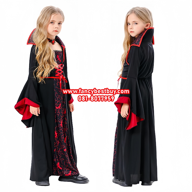 ชุดฮาโลวีนเด็ก ชุดแวมไพร์ ชุดแม่มด สีดำม่วง สำหรับงานแฟนซี วันฮาโลวีน (คอปกตั้ง มีเสริมฟองน้ำ) มีขนาด S 105-115, M 115-125, L 125-135, XL 135-145 **รวมสร้อยคอ** Size S, Xl ไม่มีสายผูกด้านหน้า (รูปประกอบ)