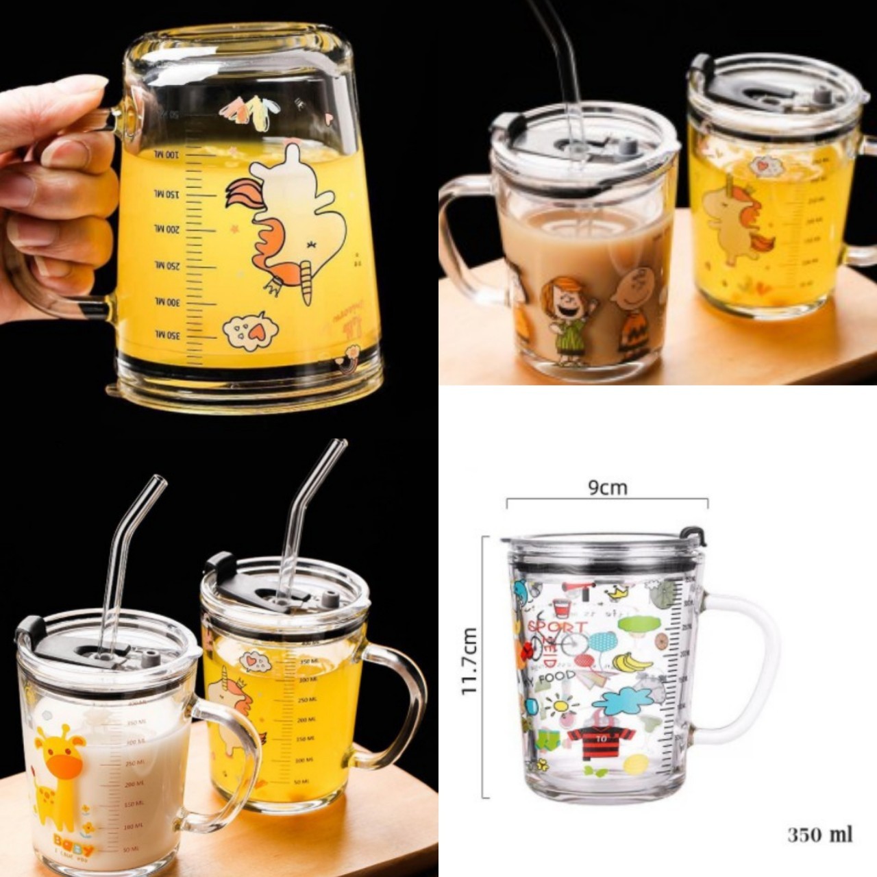 แก้วน้ำไม่หก แก้วยกดื่ม มีหูจับมีฝาปิด แถมหลอดซิลิโคน ลายการ์ตูนน่ารัก 350ml จำนวน 1 ใบ/กล่อง