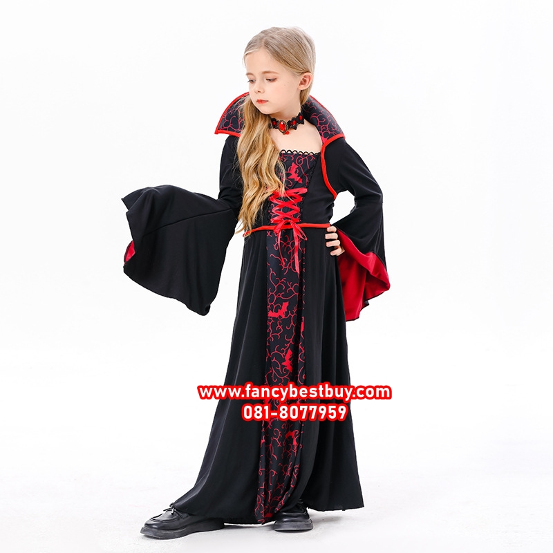 ชุดฮาโลวีนเด็ก ชุดแวมไพร์ ชุดแม่มด สีดำม่วง สำหรับงานแฟนซี วันฮาโลวีน (คอปกตั้ง มีเสริมฟองน้ำ) มีขนาด S 105-115, M 115-125, L 125-135, XL 135-145 **รวมสร้อยคอ** Size S, Xl ไม่มีสายผูกด้านหน้า (รูปประกอบ)