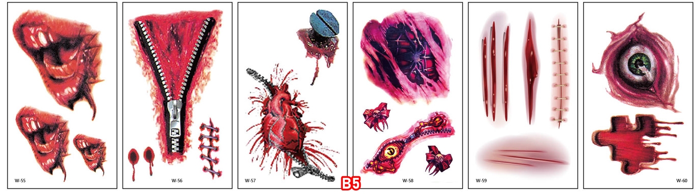 สติกเกอร์ฮาโลวีน รอยแผลฮาโลวีน กันน้ำกันเหงื่อ สติกเกอร์รอยสักแบบใช้แล้วทิ้ง แบบ B size 5.7*9.7 cm.