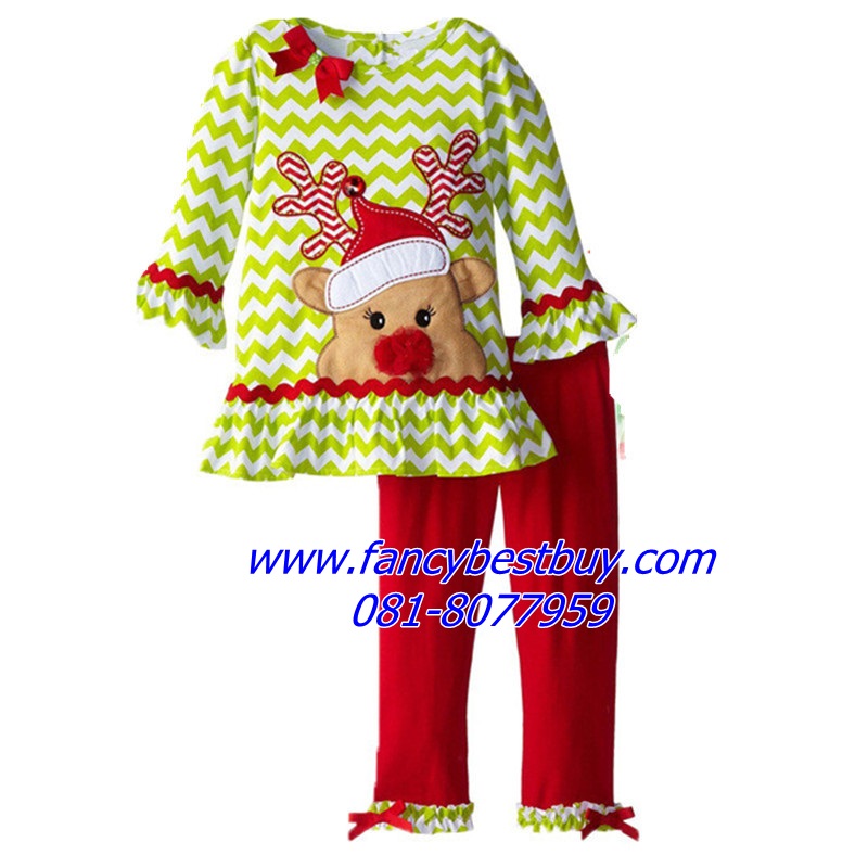 ชุดคริสมาสเด็กหญิง เสื้อลาย เรนเดียร์ +กางเกง Christmas Costume สำหรับ เทศกาลวันคริสมาส มีขนาด 110